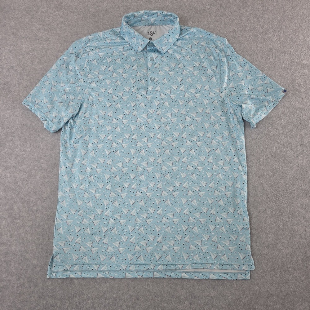 1764 Polo Golf Performance Shirt Mens Sz Large Blue Sail Boat All Over Print EUC